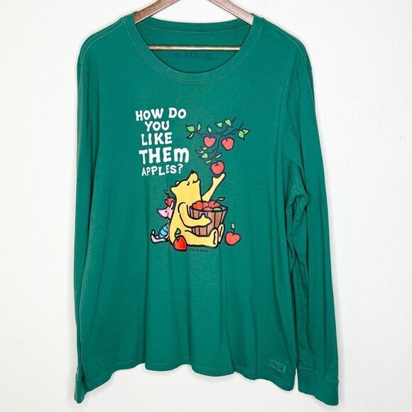 Life Is Good Long Sleeve Green T Shirt How Do You Like Them Apples Pooh Piglet - - Picture 1 of 9